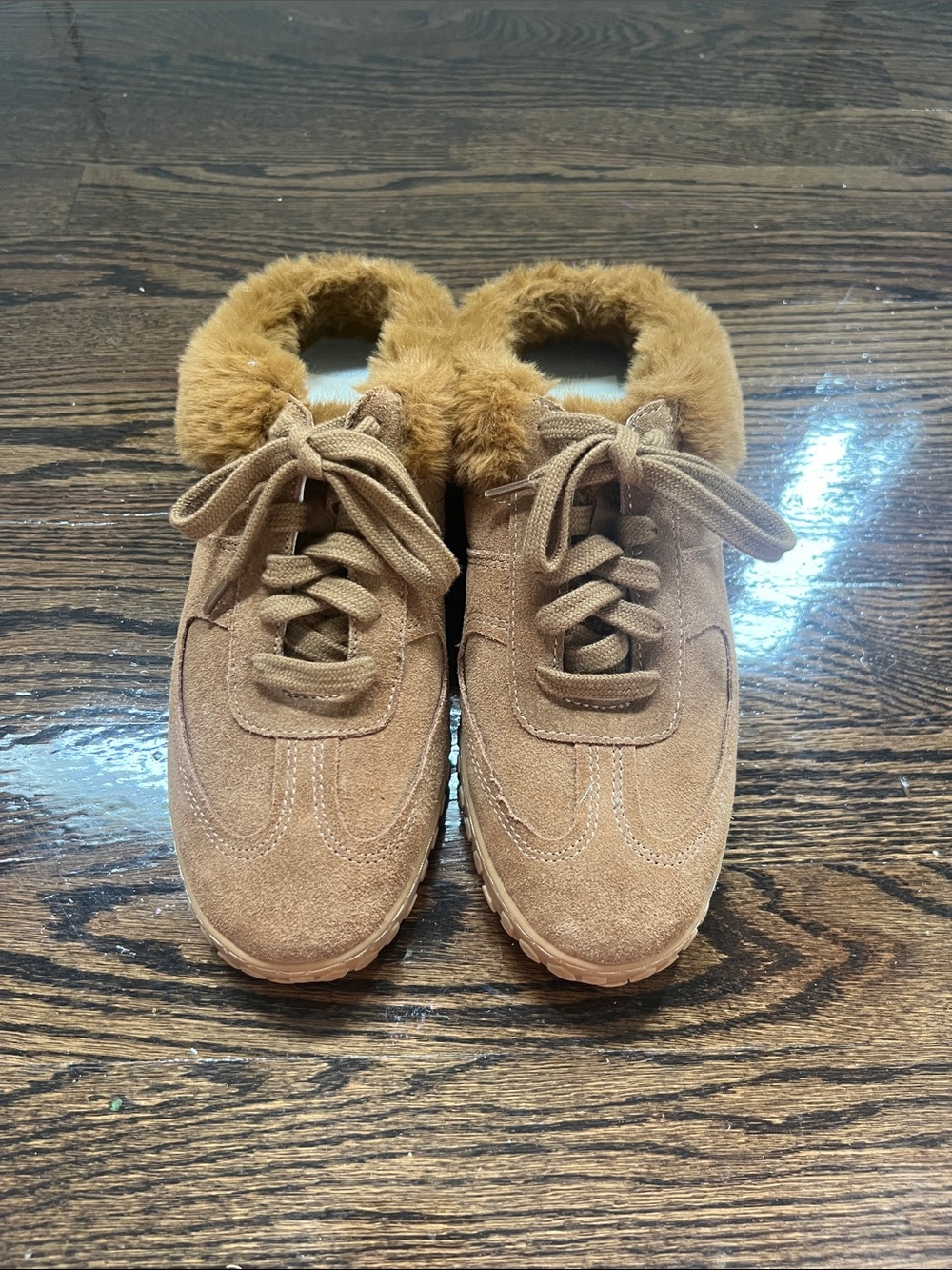 Dolce Vita Tan Suede Sneakers with Faux Fur Trim
